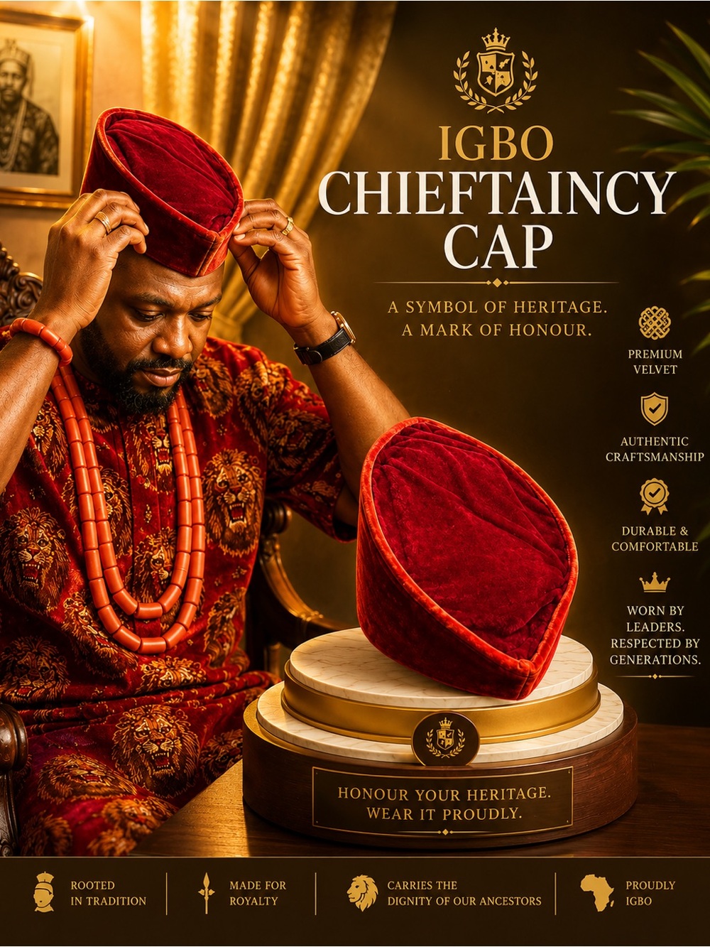 Igbo Chieftaincy Cap - Premium Velvet Red Traditional Men’s Hat